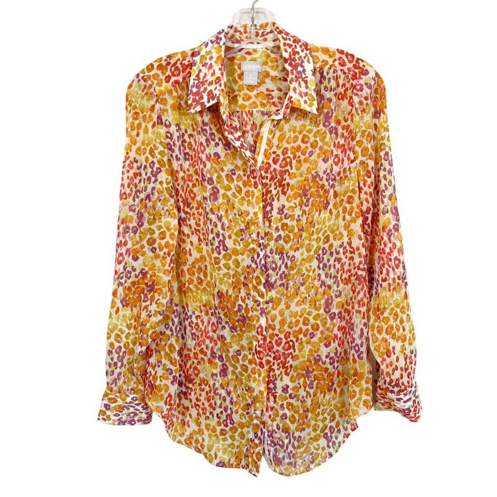 Chico's Yellow Multicolor Leopard Print Sheer Long Sleeve Blouse - Size 0, Small